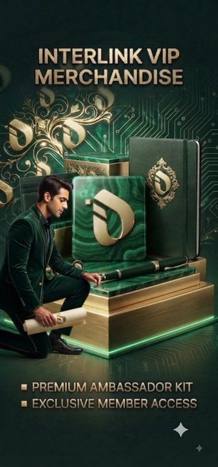 A promotional image for 'InterLink VIP Merchandise' showing a man kneeling beside luxurious green and gold packaging, advertising a 'Premium Ambassador Kit' and 'Exclusive Member Access.'
