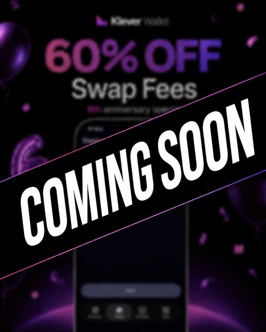 A promotional graphic with 'COMING SOON' text overlaid on an advertisement showing '60% OFF Swap Fees' from Klever Wallet.