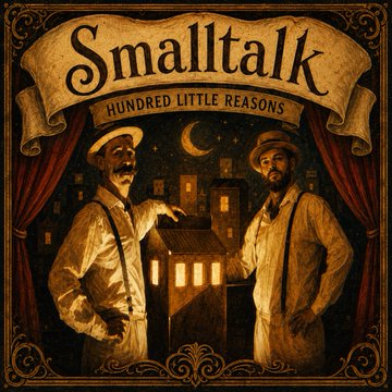 A vintage-style poster reads 'Smalltalk: Hundred Little Reasons' featuring two men in flat caps and suspenders standing before a nighttime cityscape.