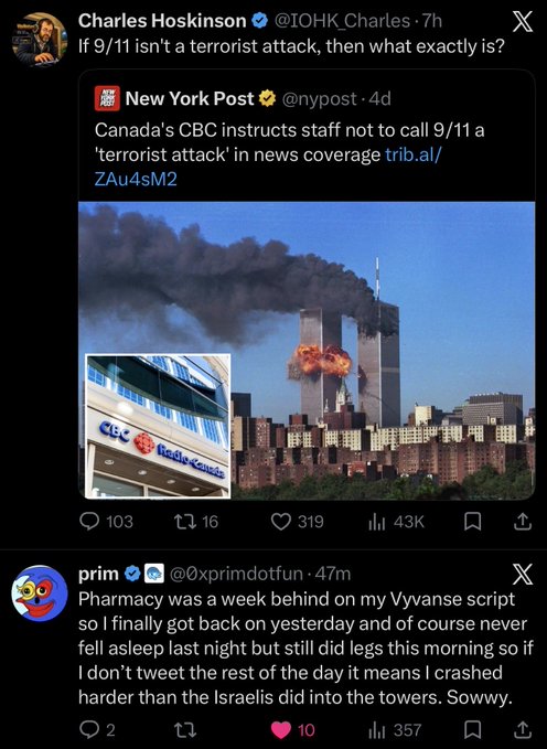 A screenshot of X (formerly Twitter) displays Charles Hoskinson's post questioning 'If 9/11 isn't a terrorist attack, then what exactly is?' above a reply from 'prim' joking about crashing harder than the towers.