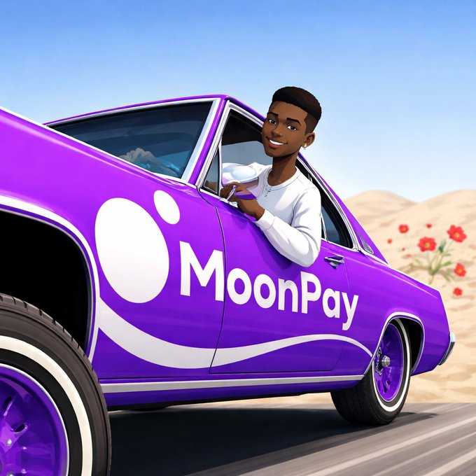A stylized 3D illustration of a man driving a purple car branded with the 'MoonPay' logo through a desert landscape with red flowers.