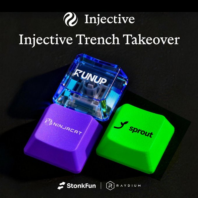A promotional graphic reads “Injective Trench Takeover” above glowing blue, purple, and green keycaps labeled “RUNUP,” “NINJACAT,” and “sprout,” with StonKFun and Raydium logos below.