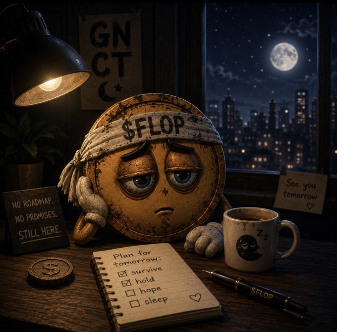 An illustrated, weary coin character with a bandaged head labeled '$FLOP' sits at a desk at night, surrounded by a 'NO ROADMAP. NO PROMISES. STILL HERE.' sign, a 'Plan for tomorrow' checklist, and a coffee mug.