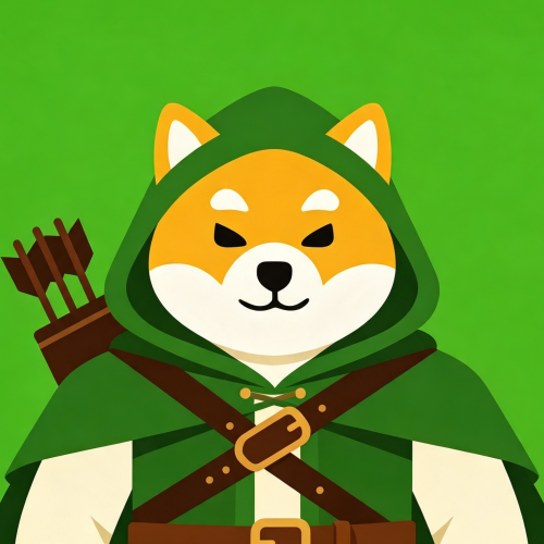 A Shiba Inu mascot dressed as a green-robed Robin Hood archer peeks out from the image, visually playing on the "$SHIB is live on Robinhood" announcement from the post. The hooded dog character ties the Shiba Inu coin branding with the Robinhood trading platform name.