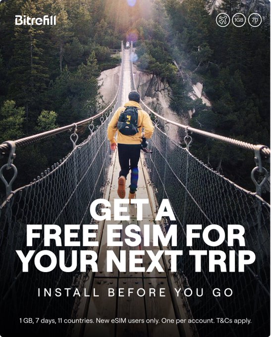 A Bitrefill promotional image showing a hiker with a yellow hoodie and backpack crossing a suspension bridge through a forested valley, featuring the headline "GET A FREE ESIM FOR YOUR NEXT TRIP — INSTALL BEFORE YOU GO" with details of 1GB, 7 days, and 11 countries, directly matching the offer for a complimentary first eSIM covering countries like the UK, Australia, Germany, Spain, Turkey, Mexico, Brazil, Italy, Netherlands, France, and Thailand via the Bitrefill app.