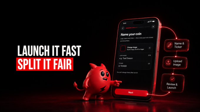 A red devil-like mascot points at a smartphone displaying a "Name your coin" screen with "e.g. Tixel Season" and ticker "$ TICKER" fields, alongside feature callouts for "Name & Ticker," "Upload Image," and "Review & Launch." Bold text reads "LAUNCH IT FAST / SPLIT IT FAIR," reinforcing the message that creators and holders benefit equally from a quick yet equitable token launch process.