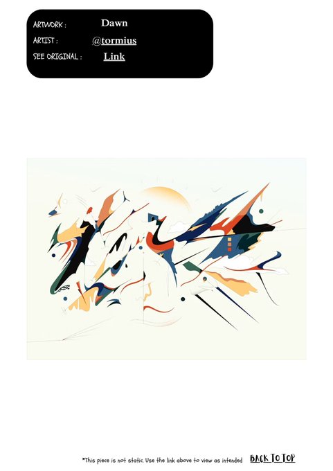 An art post titled 'Dawn' by artist @tormius, featuring an abstract colorful piece with text 'This piece is not static. Use the link above to view as intended.'