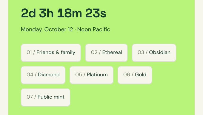 A countdown timer showing '2d 3h 18m 23s' until Monday, October 12 at Noon Pacific, with seven numbered phases including Friends & family, Ethereal, Obsidian, Diamond, Platinum, Gold, and Public mint.