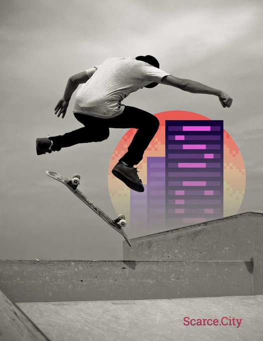 A skateboarder performs an aerial trick off a concrete ramp in a stylized black-and-white photo overlaid with a retro pixel-art sunset and purple skyscraper, with "ScarceCity" watermarked in the corner. The retro-futuristic 80s aesthetic and "ScarceCity" branding reinforce the post's theme of unique, scarce Bitcoin-themed merchandise.