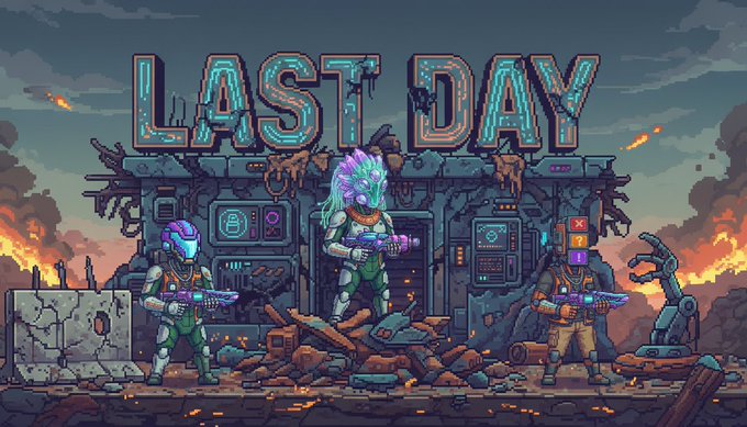 The image features three people standing next to each other, all wearing helmets and holding guns. They are positioned in front of an old building with a neon sign that says "Last Day" written on it. The scene appears to be set in a post-apocalyptic environment where there is rubble scattered around the area. A few bullet holes can also be seen in the background. The image seems to be related to a gaming event or competition, possibly involving characters from a video game.