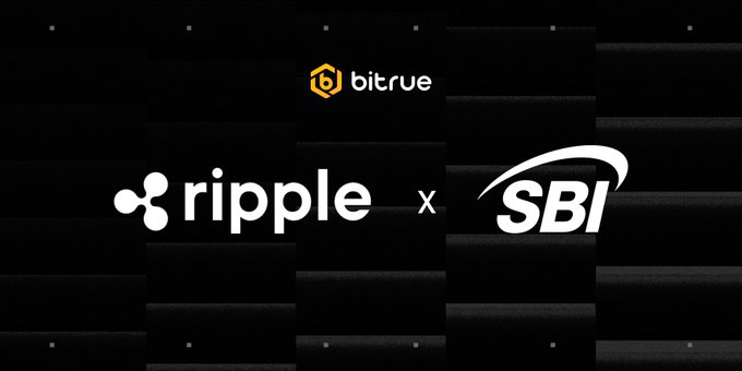 The image features a banner with two logos, one for Ripple and another for SBI. The text "Congratulations @Ripple on lanching $RLUSD officially in Japan following approval from JFSA This makes #bitrue stablecoin available to both institutional and retail users based in Japan!" is displayed below the logos.