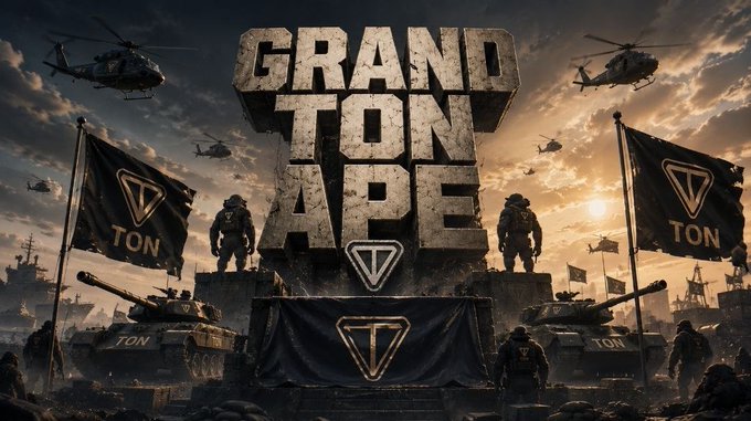 The image shows a poster for the movie "Grand TONA". The scene depicts soldiers in tanks standing atop large structures, which are surrounded by flags with the word "TON" written above them. There are also three military jeeps visible in the background of the scene, one towards the left side and two towards the right side. In addition to this, there is a helicopter in the top-right corner of the image, and several smaller images can be seen scattered throughout the poster.