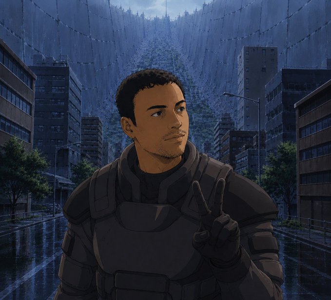 An illustrated portrait of a man in futuristic black armor making a peace sign, set against a cyberpunk-style cityscape with a massive circular structure in the background.