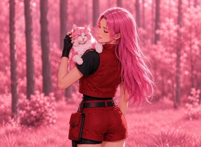An anime-style illustration shows a girl with long pink hair holding a fluffy pink and white cat in a pink-hued forest.