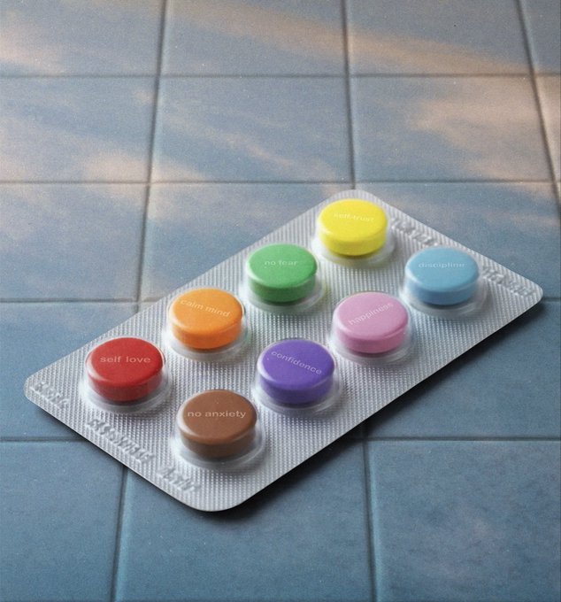 A blister pack of colorful pills on a tiled surface, each pill labeled with positive affirmations such as 'self love', 'calm mind', 'no fear', 'no trust', 'discipline', 'happiness', 'confidence', and 'no anxiety'.