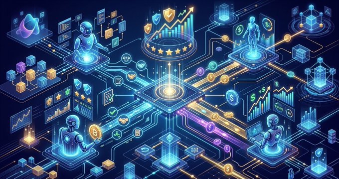A futuristic digital illustration depicting an AI/tech network with robots, holographic charts, cryptocurrency symbols, and interconnected circuit pathways.