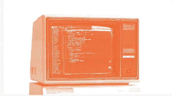 A halftone-styled, monochromatic orange illustration of a vintage CRT computer monitor displaying code or text.