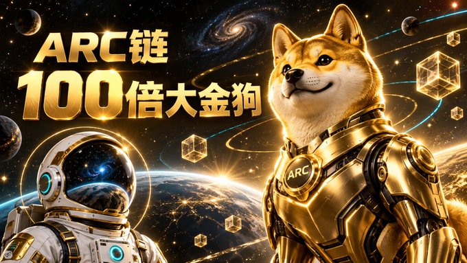 A vibrant space-themed promotional image features a Shiba Inu dog in golden futuristic armor wearing an "ARC" medallion beside an astronaut in a helmet reflecting a galaxy, with floating golden geometric cubes set against a cosmic backdrop of planets, stars, and nebulae, while bold golden Chinese text reads "ARC 链" and "100倍大金狗" (translating to "ARC Chain" and "100x Big Golden Dog"), directly tying into the post's excitement about the $ARC token by presenting the "golden dog" meme concept as a promising 100x investment opportunity.