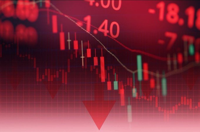 A red-themed stock market chart showing a downward trend with candlestick patterns, declining numbers like -18.18, -7.00, and 1.40, and a large downward arrow indicating a market crash.