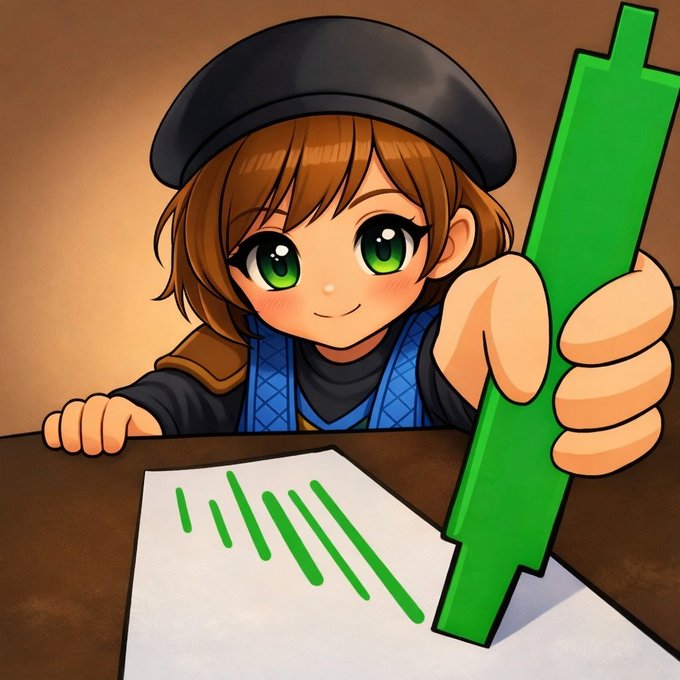 The image features a young girl with green eyes holding a green marker over a piece of paper that has lines drawn on it. The girl appears to be drawing or coloring something on the paper while sitting at a table, which suggests she might be engaged in an art project or activity. The background is blurred and out of focus, making the girl and her actions the main focus of the image.