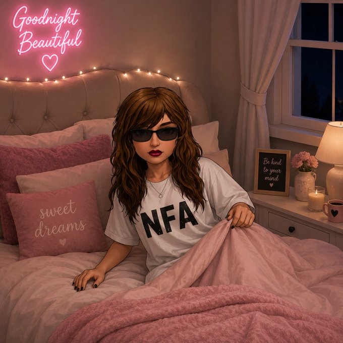 An illustrated 'Goodnight Beautiful' image featuring a woman with sunglasses and an 'NFA' t-shirt sitting in a pink-themed bedroom with a 'sweet dreams' pillow and a 'Be kind to your mind' sign.