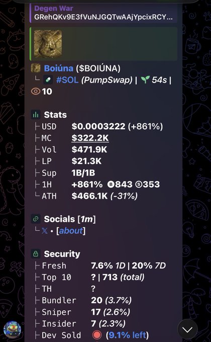 A screenshot of a cryptocurrency tracking bot displaying stats for token '$BOIUNA' on PumpSwap, including a market cap of $322.2K and liquidity of $21.3K.