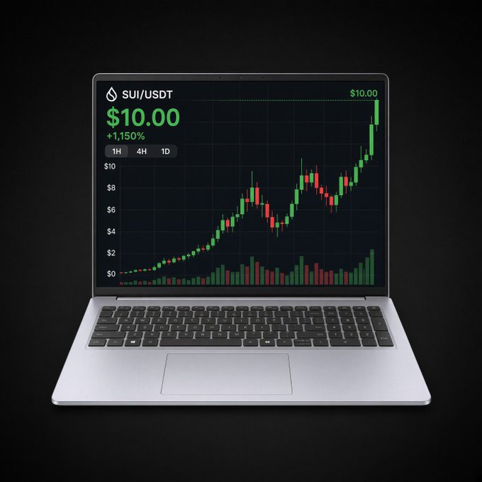 A silver laptop displays a cryptocurrency chart for SUI/USDT showing a price of $10.00 with a +1,150% gain, featuring green and red candlesticks on a dark background.