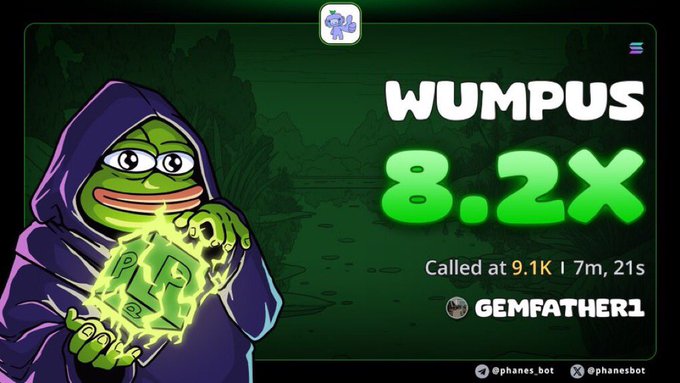 A digital graphic showing the Pepe the Frog character holding a glowing green dice, with text reading 'WUMPUS 8.2X Called at 9.1K | 7m, 21s GEMFATHER1' and the handle '@phanes_bot'.