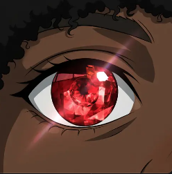 An anime-style close-up illustration of an eye with a red gemstone pupil on dark skin with curly hair.