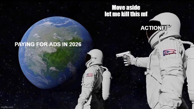 The image features two people dressed as astronauts, standing side by side with guns pointed at a globe. Above them, there are two posts related to the meme. The first post suggests that they should "Pay for ads in 2021" while the second post questions whether or not they should pay for ads on the planet Earth.