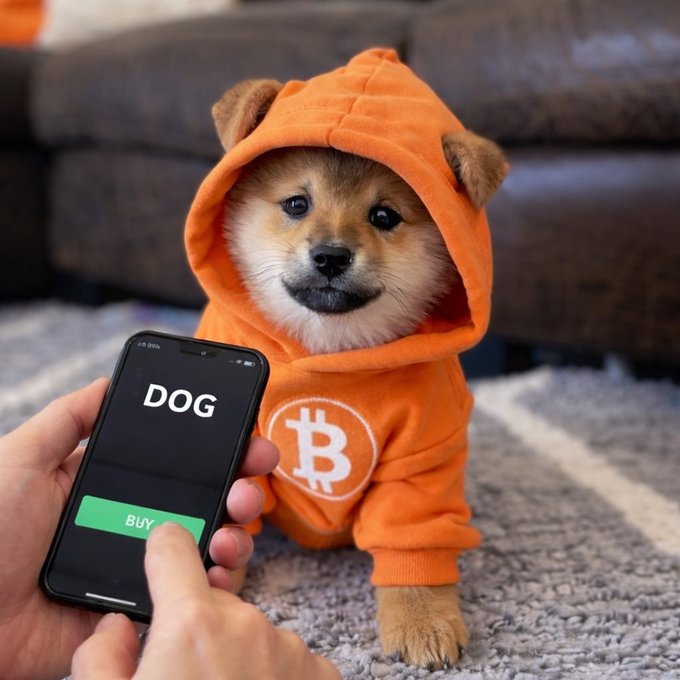 A Shiba Inu dog wearing an orange Bitcoin hoodie sits on a carpet while a person holds up a phone displaying a 'DOG' ticker with a green 'BUY' button.