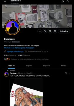 A screenshot of an X (Twitter) profile for 'Escobars' (@thejacobespar), a Web3 NFT Enterprise, showing a pinned post announcing 'MusicProducer Web3 enthusiast,' with a 1,599 following count.