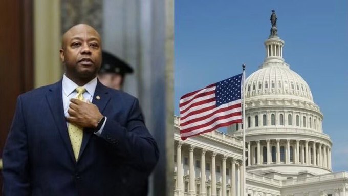 The image shows Senator Tim Scott next to the U.S. Capitol building, symbolizing government action on the CLARITY Act, which the post suggests will introduce over $30 trillion into crypto.