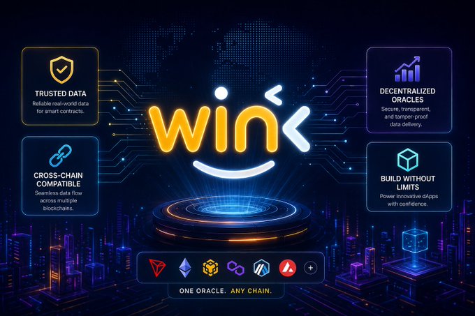 A futuristic promotional graphic for "WINk" featuring a glowing smiley logo with the word "WINK" and code brackets, surrounded by four feature boxes highlighting "TRUSTED DATA," "DECENTRALIZED ORACLES," "CROSS-CHAIN COMPATIBLE," and "BUILD WITHOUT LIMITS," along with multiple blockchain icons (including TRON, Ethereum, and TronLink) at the bottom above the tagline "ONE ORACLE. ANY CHAIN." The image ties to the post by showcasing WINkLink's oracle infrastructure and cross-chain capabilities as tools to bring secure, transparent data delivery to TRON-powered applications like festival ticketing, helping reduce fraud in resale markets.