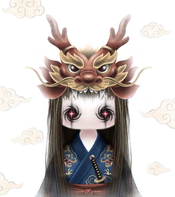 A digital illustration of an anime-style character wearing an elaborate Chinese dragon mask with horns, dressed in a dark blue traditional robe with a sword at the waist, set against a background with stylized clouds.