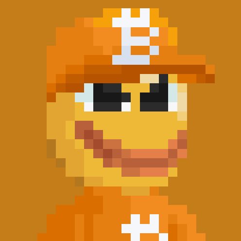 A pixel art portrait of a yellow smiley face character wearing an orange construction worker's hard hat with a Bitcoin logo and matching orange shirt, also featuring a Bitcoin logo.
