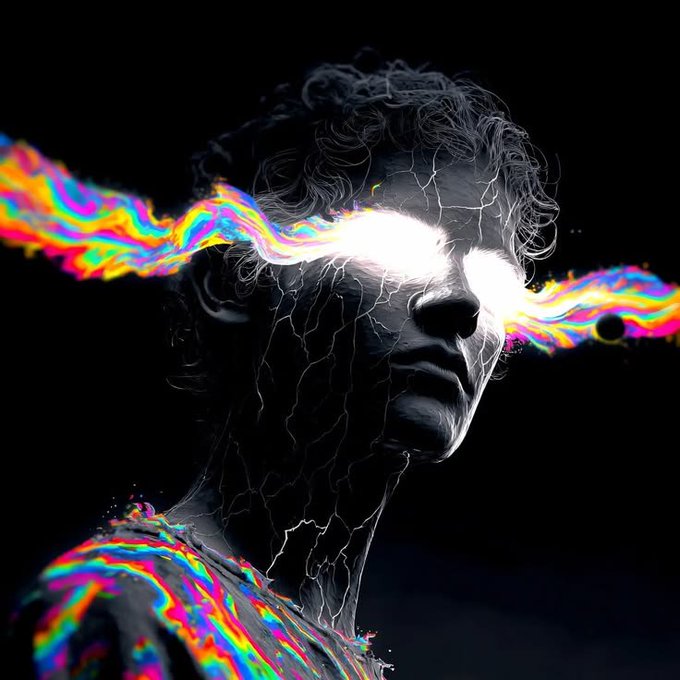 A dark, stylized portrait of a person with white lightning-like veins and a bright white glowing energy emitting from their eyes, accompanied by streaks of iridescent rainbow colors.