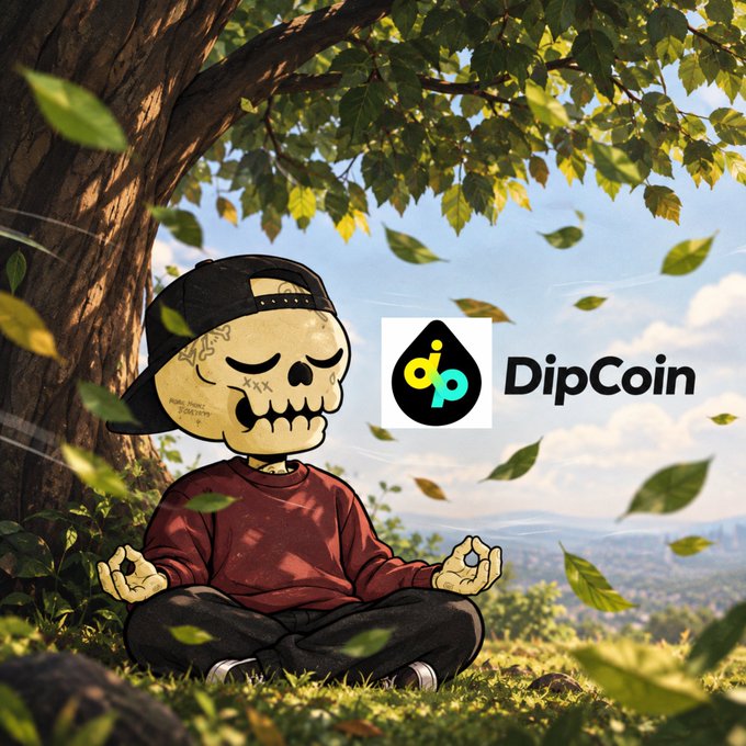 A cartoon skeleton wearing a red sweatshirt and black cap meditating under a tree, with the 'DipCoin' logo displayed on the right.