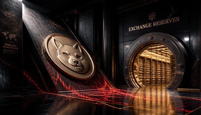 A Shiba Inu themed image showing a large gold Shiba coin leaning against an 'EXCHANGE RESERVES' vault with cryptocurrency price charts in red on the floor.