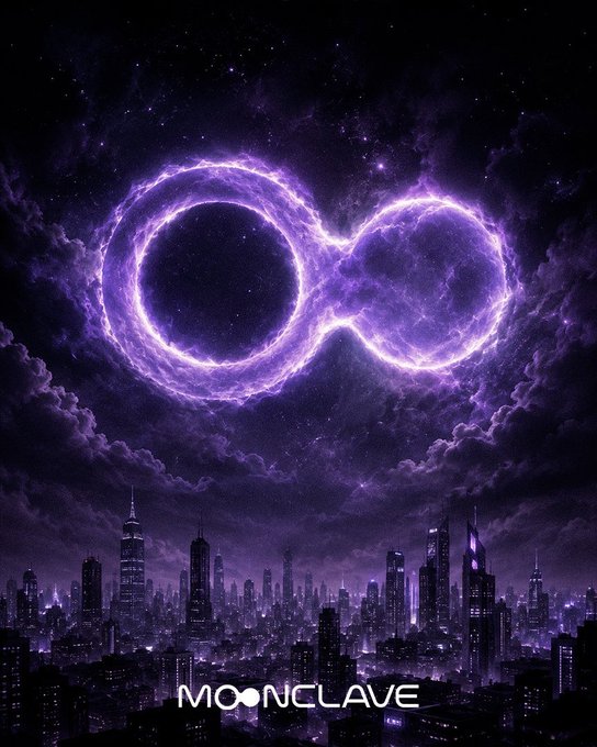 A dramatic fantasy artwork showing a glowing purple energy ring resembling an infinity symbol or planetary alignment hovering over a city skyline at night, with 'MOONCLAVE' text at the bottom.