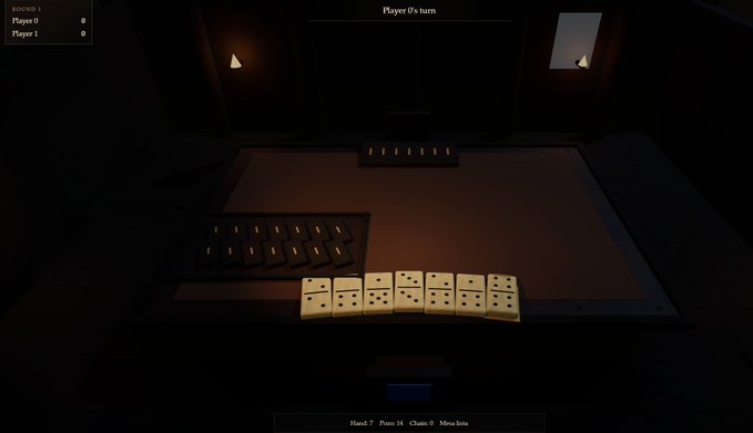 A screenshot of a dark, atmospheric dominoes game showing 'Player 0's turn' with a row of dominoes on a wooden table and additional rows in the background.