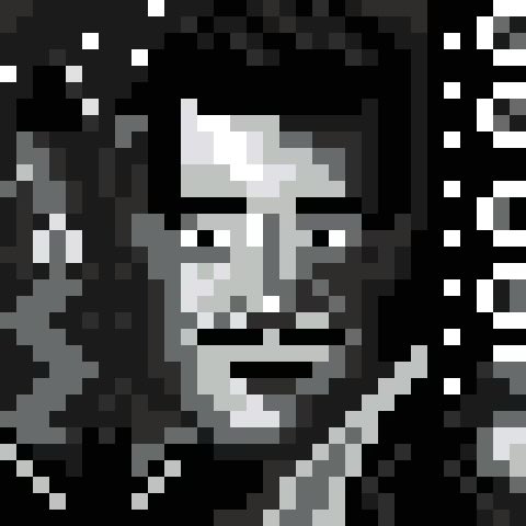 A heavily pixelated black and white portrait of a person's face surrounded by white pixel fragments.