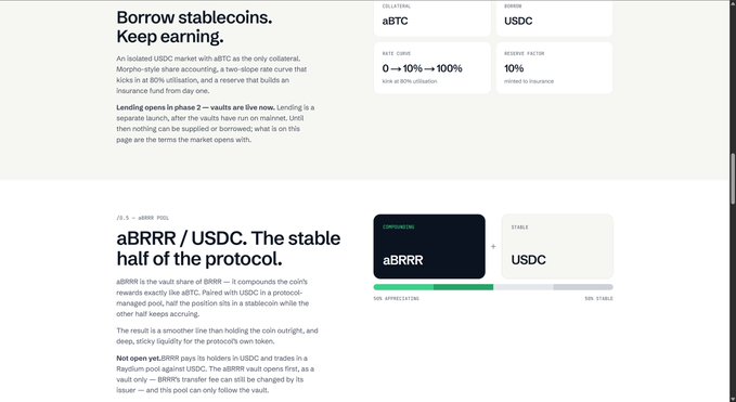 A webpage describing a DeFi protocol where users can borrow USDC against aBTC (80% utilization) as collateral with a 10% reserve factor, and detailing the "aBRRR/USDC. The stable half of the protocol" vault that pairs aBRRR with USDC. This relates to the post by showcasing how protocols like StonkFun let holders earn trading fees but lack options to leverage their position without selling—unlike the demonstrated vault system that allows collateralized borrowing while keeping exposure to aBRRR.