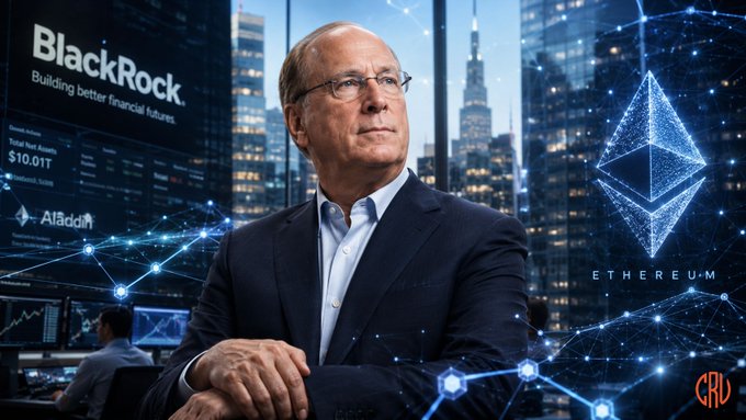 A man in a suit stands confidently before a high-tech trading floor backdrop, with the BlackRock logo and "Building better financial futures" tagline displayed alongside a Total Net Assets figure of $10.01T. A glowing Ethereum logo hovers to his right, visually reinforcing the news that BlackRock has launched a tokenized money-market fund on the $ETH network.