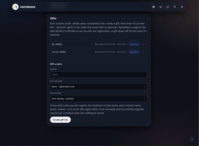 A Namebase webpage interface showing a 'Gifts' section for gifting .daddy domain names with free renewals and free mint options, with examples 'go.daddy' and 'uncle.daddy' available.