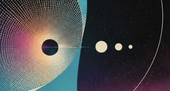 An artistic digital rendering depicts a solar system with a black planet surrounded by a colorful dotted spiral, alongside three pale planets against a starry dark background.