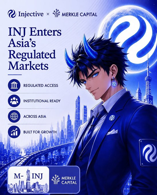 The image features a man dressed in a suit with blue horns standing next to a city skyline. The background of the image shows a cityscape with buildings and a bridge. The text "INJ" appears multiple times, possibly indicating that this is an advertisement for Injice or related products. The post also mentions that the company has recently launched a fund in Asia, which could be related to the man's suit design featuring blue horns.
