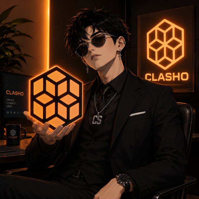 A stylishly dressed man in a black suit and sunglasses sits at a desk in a dimly lit room, holding up a glowing orange hexagonal "CLASHO" logo. Behind him, a framed poster displays the same "CLASHO" branding, while a laptop and mug on the desk read "CLASHO: CREATE. CONNECT. EARN."—visually reinforcing the post's message about empowering creators to be rewarded for the value they produce.