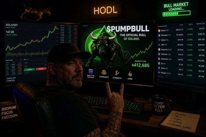 A tattooed man wearing a cap makes a hand gesture in front of multiple monitors showing cryptocurrency data, including one for 'SOL/USDT' and another for 'PUMPBULL THE OFFICIAL BULL OF SOLANA' with a 'HODL' sign.