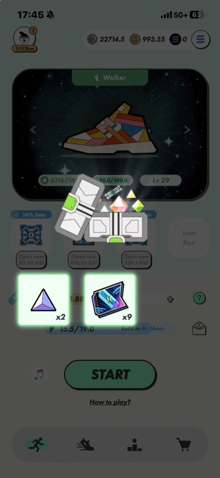 STEP'N app screenshot displaying a 'Walker' Level 29 sneaker, in-game rewards including gems and a Mystery Box, with options to open loot boxes for GST.
